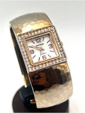 Waltham Rose Gold Crystal Chunky Bangle Watch Mother of Pearl Dial 6" Wrist